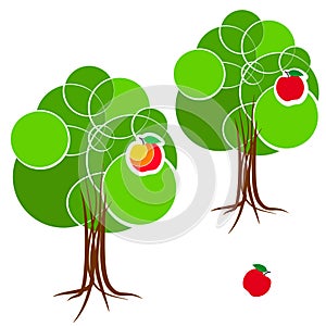 Cartoon green summer tree with a crown of circles different diameters. Abstract trunk and roots. Red apple.