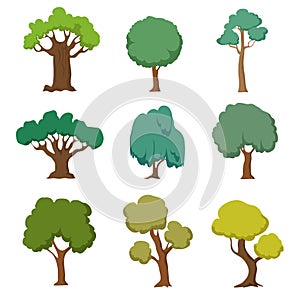 Cartoon green trees. Cute nature forest plant and bushes vector set isolated on white background