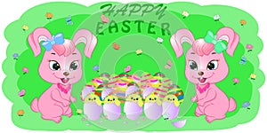 Cartoon greeting card rabbits with easter egs photo