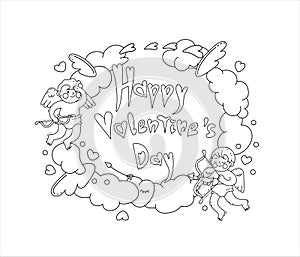 Cartoon greeting card for Valentine`s day with cupids, clouds, hearts, wings,arrows and hand written text Happy Valentine`s day.