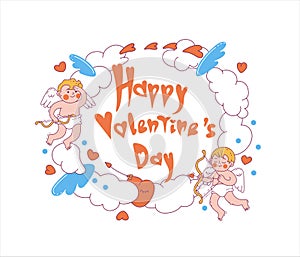 Cartoon greeting card for Valentine`s day with cupids, clouds, hearts, wings,arrows and hand written text `Happy Valentine`s day`.