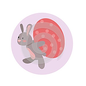 A cartoon grey rabbit holds a pink Easter egg. Holiday of the Christian religion.Isolated on a light background.