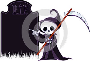 Cartoon grim reaper pointing to tombstone