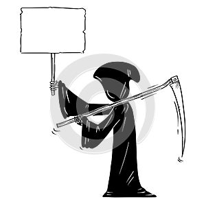 Cartoon of Grim Reaper with Scythe and Black Hood Holding Empty Sign
