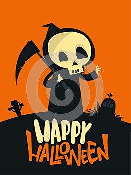 Cartoon grim reaper with scythe. Halloween scary death character illustration. Party poster