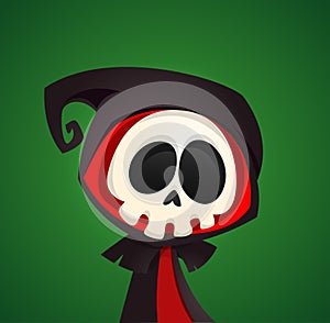 Cartoon grim reaper with scythe. Halloween scary death character illustration. Party poster