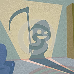 Cartoon Grim Reaper Smile Hold Scythe Shadow