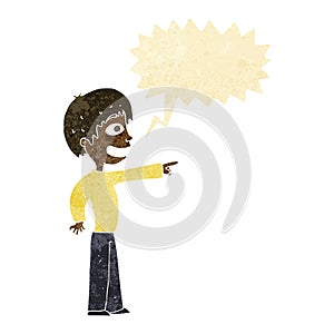 cartoon grinning boy pointing with speech bubble