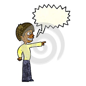 cartoon grinning boy pointing with speech bubble