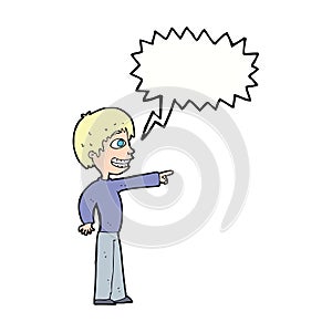 cartoon grinning boy pointing with speech bubble