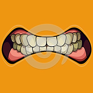 Cartoon grinning mouth with clenched teeth on a yellow background