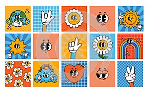 Cartoon groovy cards. Vintage 70s comic characters on posters. Funny retro flower, daisy, heart, rainbow, hands and