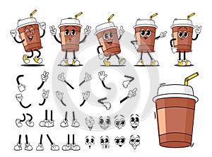Cartoon Groovy Cup Of Hot Coffee or Tea Drink Character Creation Kit. Vector Collection Of Disposable Mugs Animation