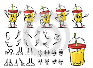 Cartoon Groovy Cup Of Soda, Juice, Lemonade Drink Character Creation Kit. Vector Retro Plastic Mug with Dome Lid