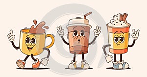 Cartoon Groovy Cups Of Drinks Lively Anthropomorphic Personages. Chill Tea, Jazzy Coffee And Funky Latte Beverage Mugs photo