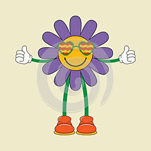 Cartoon groovy daisy flower with sunglases in trendy 70s style. Vetor