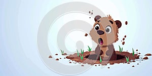 cartoon groundhog crawled out of the hole and opens his mouth in surprise, event Groundhog Day, copy space