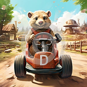 Cartoon Groundhog in a go-kart with the letter D