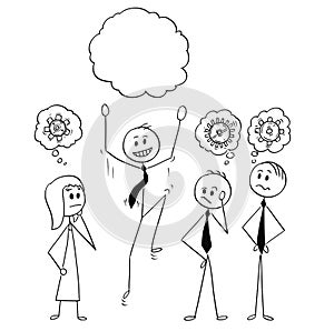 Cartoon of Group of Businessman and Businesswoman Thinking on Brainstorming, One of Them Got an Idea