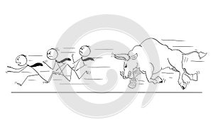 Cartoon of Group of Businessmen Running Away From Angry Bull as Rising Market Prices Symbol