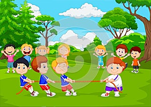 Cartoon group of children playing tug of war in the park