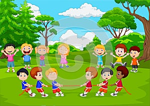 Cartoon group of children playing tug of war in the park