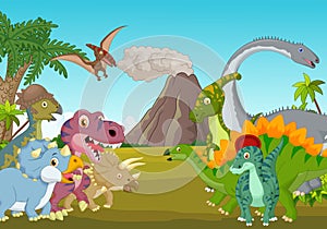 Cartoon group of dinosaur with mountain