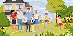 Cartoon group of happy characters cooking grill food, meat sausages, friends children playing ball together background