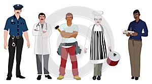 Cartoon group of people with different jobs policeman doctor lumper chef teacher