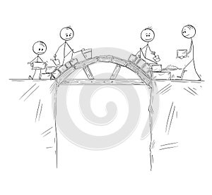 Cartoon of Group of Workers, Builders or Businessmen Building a Bridge Over the Chasm or Precipice photo