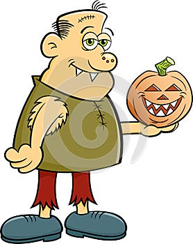 Cartoon gruesome character holding a jack o lantern pumpkin.