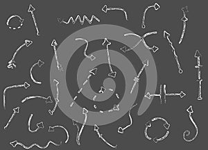 Cartoon grunge direction pointers in white color, hand drawn arrows, freehand sketchy dotted lines, doodle arrows, vector graphic