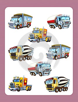 Cartoon guessing game for little kids with colorful industry cars joining pairs