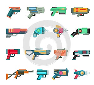 Cartoon gun vector toy blaster for kids game with futuristic handgun and children raygun of aliens in space illustration