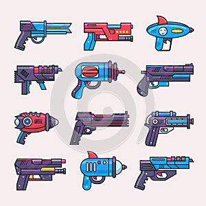 Cartoon gun vector toy blaster for kids game with futuristic handgun and raygun of aliens in space illustration set of