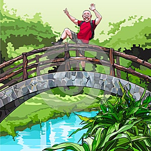Cartoon guy with a backpack, fooling around on the decorative bridge in the park photo