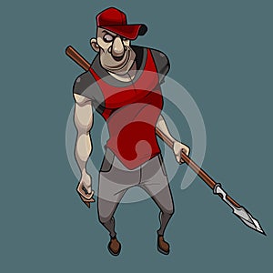 Cartoon guy in a baseball cap stands with a spear in his hands