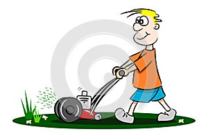 A cartoon guy cutting the grass