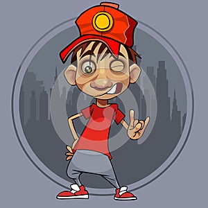Cartoon guy in a red cap winks and shows a gesture