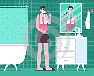 Cartoon guy shaves. Man in bathroom in front of mirror. Hygienic morning procedures. Facial skin hair removal. Beard