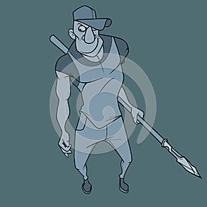 Cartoon guy stands with a spear in his hands