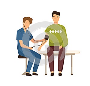 Cartoon guy visited doctor to measure blood pressure vector flat illustration. Friendly male physician during aid