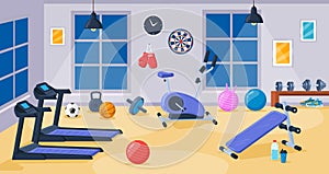 Cartoon gym interior room with sport fitness equipment. Sport elements, fitness room interior vector illustration