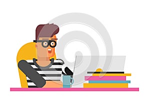 Cartoon Hacker with Laptop. Vector Illustration