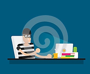 Cartoon Hacker with Laptop. Vector Illustration