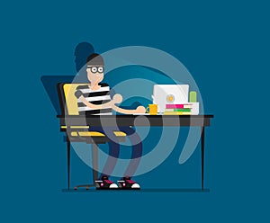 Cartoon Hacker with Laptop. Vector Illustration