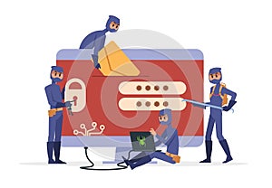 Cartoon hackers concept. Criminal person in black clothes stealing information and burglars computer. Vector data secure