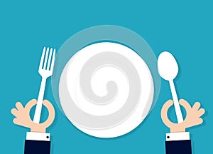 Cartoon hahds holding fork and spoon with empty plate