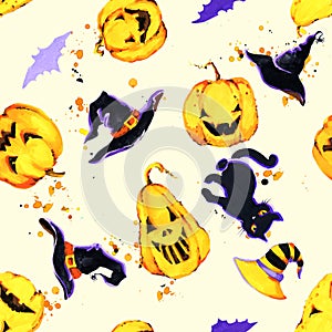 Cartoon Halloween background. Halloweens paty seamless pattern