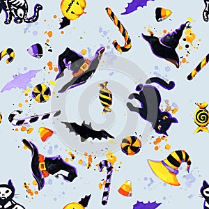 Cartoon Halloween background. Halloweens paty seamless pattern photo